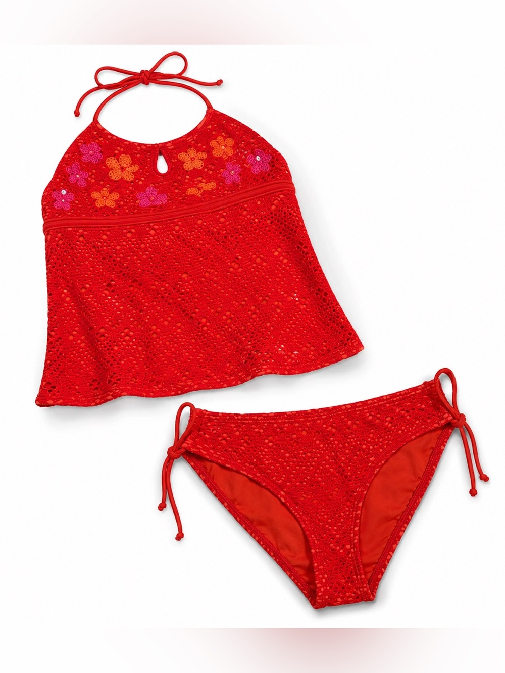 Justice Girl Neon Orange Eyelet Lace Tankini Swimsuit Set Sequin Floral Halter 6